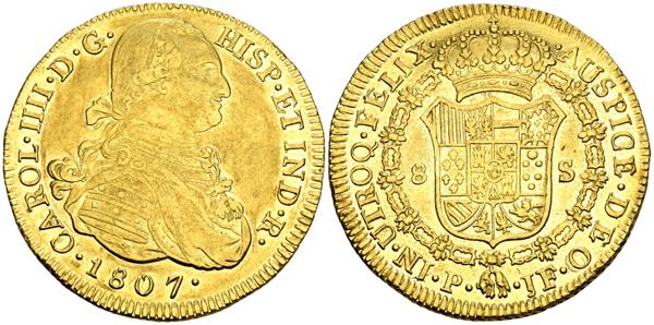 1634 - CARLOS IV (1788-1808). 8 Escudos. (Au. 27,10g/37mm). 1807. Popayán JF. (Cal-2019-1688). EBC-. Brillo original principalmente en reverso. - 2.000€