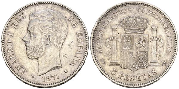 1725 - AMADEO I (1871-1873). 5 Pesetas. (Ar. 24,90g/37mm). 1871 *18-73. Madrid DEM. (Cal-2019-3). MBC+. <BR> - 200€