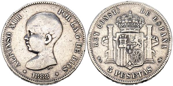 1782 - ALFONSO XIII (1885-1931). 5 Pesetas. (Ar. 24,60g/37mm). 1888 *18-88. Madrid MSM. (Cal-2019-89). MBC-. Rara. Estrellas muy flojas, la primera prácticamente no visible. Limpiada. - 600€