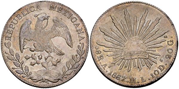 2213 - MÉXICO. 8 Reales. (Ar. 27,04g/39mm). 1877. Álamos ML. (Km#377). EBC. Preciosa pátina. Escaso ejemplar y más en esta extraordinaria conservación.  - 75€