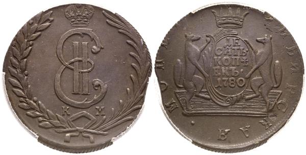 2399 - RUSIA, Catalina II (1762-1796). 10 Kopeks. (Ae. 65,50g/45mm)*. 1780. Suzun KM (Siberia). (Km#C6). Encapsulada por PCGS MS 62 BN. Escasa. *Peso y medidas teóricos. - 300€