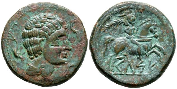 300 - CELSE (Velilla de Ebro, Zaragoza). As. (Ae. 16,13g/30mm). 120-50 a.C. (FAB-771). Anv: Cabeza masculina a derecha con manto y fíbula, alrededor de tres delfines. Rev: Jinete con palma a derecha, debajo leyenda ibérica sobre línea: CeLSE. MBC+. Oxidaciones. - 150€