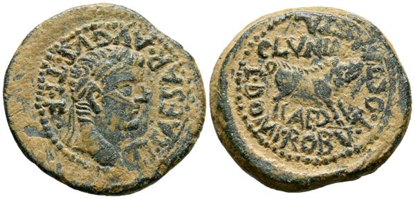 318 - CLUNIA (Coruña del Conde, Burgos). Semis. (Ae. 7,13g/25mm). 37-41 d.C. (FAB-842). Anv: Cabeza laureada de Tiberio a derecha, alrededor leyenda: TI CAESAR AVGVSTI F. Rev. Jabalí a derecha, encima leyenda: CLVNIA, debajo: AED, alrededor leyenda: L DOMI ROBV T OCTA METAL. MBC. Escaso ejemplar. - 700€