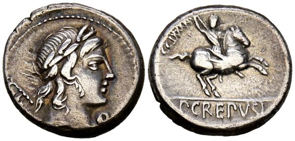 585 - GENS CREPUSIA. Denario. (Ar. 4,23g/18mm). 82 a.C. (FFC 659; Crawford 361/1c). Anv: Cabeza de Apolo laureada a derecha, destrás: . Rev: Jinete cabalgando hacia derecha blandiendo lanza corta, detrás: CCLXXXXI, en exergo: P CREPVSI. MBC+.  - 100€