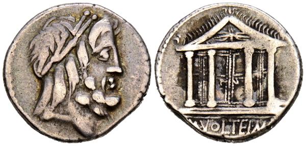 613 - GENS VOLTEIA. Denario. (Ar. 3,67g/18mm). 78 a.C. Roma. (Crawford 385/1; FFC 1234). Anv: Cabeza de Júpiter laureada a derecha. Rev: Templo tetrástilo de Júpiter, en el frontón: haz de rayos, en exergo: M VOLTEI MF. MBC. - 120€