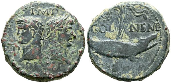 623 - AUGUSTO. As. (Ae. 13,26g/23mm). 10-14 d.C. Colonia Nemasus. (RIC 158). Anv: Busto laureado de Augusto a izquierda, detrás busto laureado de Agripa a derecha, encima: IMP, debajo: DIVI F. Rev: Cocodrilo a derecha atado a palma, en campo corona de laurel, encima COL-NEM. MBC-. Escaso ejemplar. - 70€