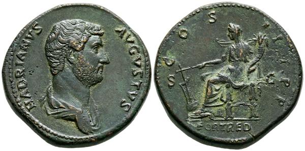 706 - ADRIANO. Sestercio (Ae. 25,02g/33mm). 129-130 d.C. Roma. (RIC 1346; Cohen 736; Lacourt II, Bo3, pl. 11, 9 (mismo ejemplar); BMCRE 1415). Anv:  Busto desnudo y drapeado de Adriano a la derecha, alrededor leyenda: HADRIANVS AVGVSTVS. Rev: Fortuna sentada a la izquierda, sosteniendo el timón en el globo y cornucopias, entre: S-C, en exergo: FORT RED, alrededor leyenda: COS III P P. EBC-. Extraordinario y muy interesante ejemplar, con un pedrigrí de finales del siglo XX, además de ser parte de un estudio de L. Lacourt en 2022, Sesterces des Antonins (96-192): Vol II Hadrien (117-138).<BR><BR>Ex Roma Numismatics, Subasta 27 (22/03/2023), Lote 684.<BR>Ex Classical Numismatic Group, Subasta 106 (13/09/2017), Lote 743.<BR>Ex Numismatica Ars Classica AG, Subasta 98 (12/1/2016), Lote 1172.<BR>Ex Stack's Bowers & Ponterio, Subasta 174 (11/01/2013) Robert O. Ebert Collection (Part I), Lote 5212.<BR>Ex Classical Numismatic Auctions, Subasta XI (03/05/1990), Lote 321.<BR>Ex Münzen und Medaillen AG Basel, Subasta  61 (07/10/1982), Lote 431. - 3.000€