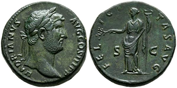 707 - ADRIANO. Sestercio. (Ae. 26,13g/32mm). 136 D.C. Roma. (RIC 2255). Anv: Busto laureado de Adriano a derecha con drapeado en hombro izquierdo, alrededor leyenda: HADRIANVS AVG COS III P P. Rev: Felicitas estante a izquierda portando rama y caduceo, entre: S-C, alrededor leyenda: FELICITAS AVG. MBC+. Repasada y repatinada. - 300€