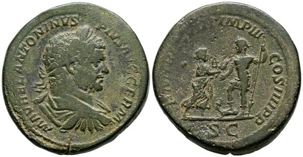 795 - CARACALLA. Sestercio. (Ae. 27,67g/33mm). 215 d.C. Roma. (RIC 544). Anv: Busto laureado, dreapeado y con coraza de Caracalla a derecha, alrededor leyenda: M AVREL ANTONINVS PIVS AVG GERM. Rev: Caracalla con atuendo militar pisando crocodilo y portando lanza y recibiendo granos de Africa portando sistrum, en exergo: SC, alrededor leyenda: P M TR P XVIII IMP III COS IIII P P. MBC. Escaso y atractivo ejemplar. - 300€