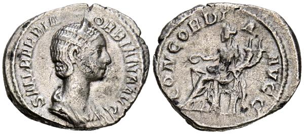 829 - ORBIANA. Denario. (Ar. 2,91g/20mm). 225 d.C. Roma. (RIC 319). Anv: Busto diademado y drapeado de Orbiana a derecha, alrededor leyenda: SALL BARBIA ORBIANA AVG. Rev: Concordia sentada a izquieda portando patera y doble cornucopia, alrededor leyenda: CONCORDIA AVGG. MBC. - 100€