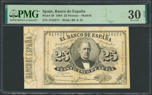 10 - 25 Pesetas. 1 de Julio de 1884. Sin serie. (Edifil 2023: 287, Pick: 29). Raro, reparado. MBC+. Encapsulado PMG30NET. - 900€