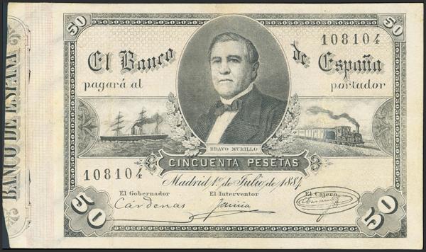 11 - 50 Pesetas. 1 de Julio de 1884. Sin serie. (Edifil 2023: 288, Pick: 30). Raro, reparado. BC-. - 900€