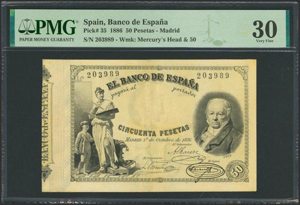 12 - 50 Pesetas. 1 de Octubre de 1886. Sin serie. (Edifil 2023: 293, Pick: 35). Raro, reparado. MBC+. Encapsulado PMG30 (restoration). - 1.100€