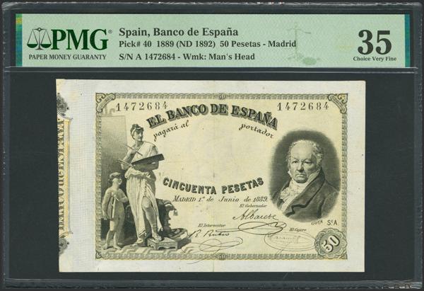 13 - 50 Pesetas. 1 de Junio de 1889. Sin serie. (Edifil 2023: 298, Pick: 40). Raro, mínimamente reparado. MBC+. Encapsulado PMG35 (minor restoration) (para hacernos idea de la rareza, a fecha 1 de Enero de 2026, este billete es el quinto mejor calificado junto a otros seis billetes en PMG) - 1.200€