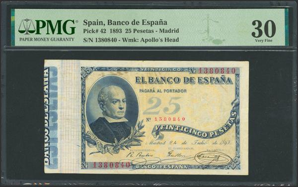 15 - 25 Pesetas. 24 de Julio de 1893. Sin serie. (Edifil 2023: 300, Pick: 42). Raro, mínimamente reparado. MBC+. Encapsulado PMG30 (minor repairs). - 650€
