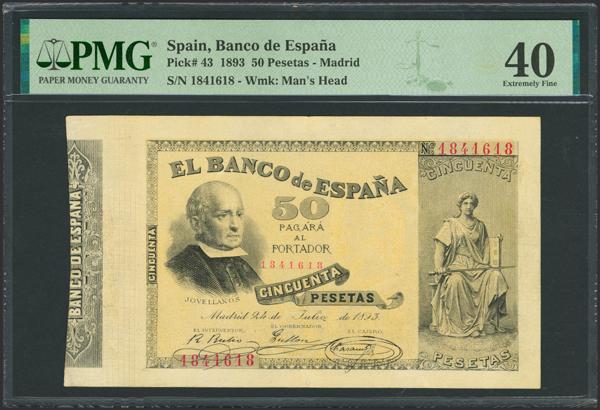 16 - 50 Pesetas. 24 de Julio de 1893. Sin serie. (Edifil 2023: 301, Pick: 43). Raro, especialmente en esta calidad, mínimamente reparado. EBC-. Encapsulado PMG40 (minor restoration) (para hacernos idea de la rareza, a fecha 1 de Enero de 2026, este billete es el quinto mejor calificado junto a otro billete en PMG) - 700€