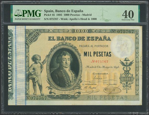 18 - 1000 Pesetas. 1 de Mayo de 1895. Sin serie. (Edifil 2023: 303, Pick: 45). Muy raro, especialmente en esta calidad, mínimamente reparado. EBC-. Encapsulado PMG40 (minor repairs). - 1.750€