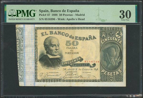 19 - 50 Pesetas. 2 de Enero de 1898. Sin serie. (Edifil 2023: 304, Pick: 47). Raro, especialmente sin reparaciones, pequeñas roturitas en la doblez central. MBC+. Encapsulado PMG30. - 750€