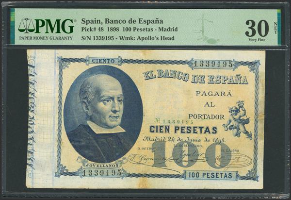 20 - 100 Pesetas. 24 de Junio de 1898. Sin serie. (Edifil 2023: 305, Pick: 48). Raro, reparado. MBC+. Encapsulado PMG30NET (repaired). - 600€