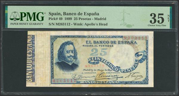 21 - 25 Pesetas. 17 de Mayo de 1899. Serie M. (Edifil 2023: 306a, Pick: 49). Raro, profusamente reparado. MBC+. Encapsulado PMG35NET (repaired). - 350€