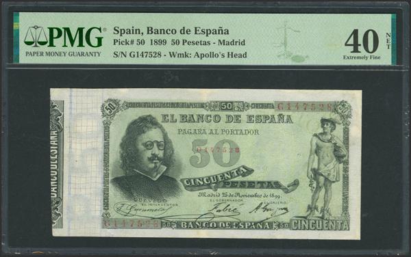 22 - 50 Pesetas. 25 de Noviembre de 1899. Serie G. (Edifil 2023: 307a, Pick: 50). Reparado. EBC-. Encapsulado PMG40NET. - 600€