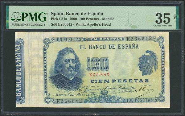 23 - 100 Pesetas. 1 de Mayo de 1900. Serie E. (Edifil 2023: 308a, Pick: 51). Raro, reparado. MBC+. Encapsulado PMG35NET (repaired). - 700€