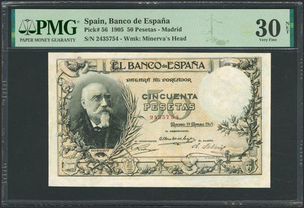 24 - 50 Pesetas. 19 de Marzo de 1905. Sin serie. (Edifil 2023: 312, Pick: 56). Raro, profusamente reparado. MBC+. Encapsulado PMG30NET. - 600€