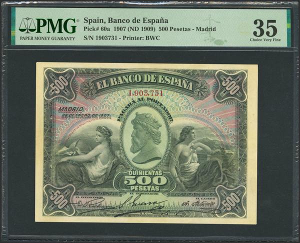 25 - 500 Pesetas. 28 de Enero de 1907. Sin serie. (Edifil 2023: 316, Pick: 60a). Raro, mínimamente reparado. MBC+. Encapsulado PMG35 (minor restoration). - 1.000€