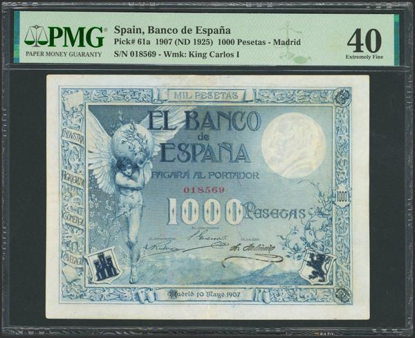 26 - 1000 Pesetas. 10 de Mayo de 1907. Sin serie. (Edifil 2023: 317, Pick: 61a). Raro, especialmente en esta calidad, reparado. EBC-. Encapsulado PMG40 (repaired). - 1.800€
