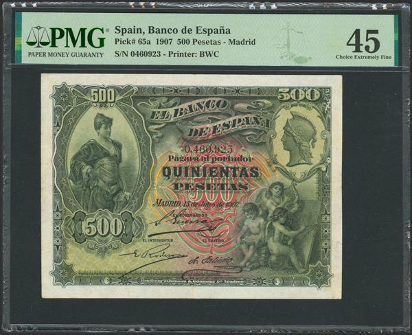 27 - 500 Pesetas. 15 de Julio de 1907. Sin serie. (Edifil 2023: 321, Pick: 65a). Raro, mínimamente reparado. EBC-. Encapsulado PMG45 (minor restoration). - 375€