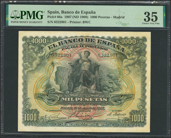 28 - 1000 Pesetas. 15 de Julio de 1907. Sin serie. (Edifil 2023: 322, Pick: 66a). Raro, reparado. MBC+. Encapsulado PMG35 (repaired). - 400€