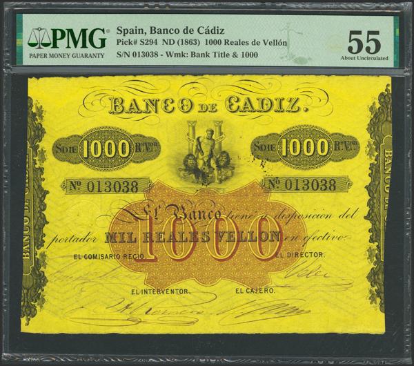2 - BANCO DE CADIZ. 1000 Reales de Vellón. III Emisión. (sin fechar). Sin serie. (Edifil 2023: 81, Pick: S294). Rarísimo en esta calidad. EBC+ Encapsulado PMG55. - 600€