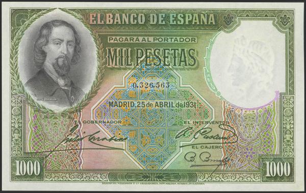34 - 1000 Pesetas. 25 de Abril de 1931. Sin serie. (Edifil 2023: 362). Raro en esta calidad, apresto original. SC. - 650€
