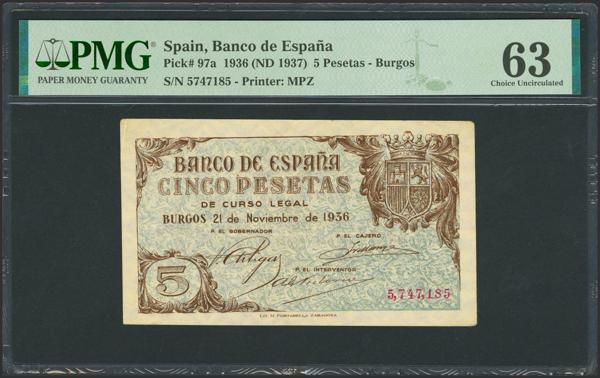 50 - 5 Pesetas. 21 de Noviembre de 1936. Sin serie. (Edifil 2023: 417, Pick: 97a). Rarísimo sin circular. SC-. Encapsulado PMG63. - 1.200€