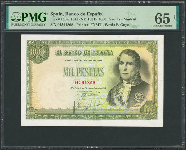 82 - 1000 Pesetas. 4 de Noviembre de 1949. Sin serie. (Edifil 2023: 458, Pick: 138a). Apresto original. SC. Encapsulado PMG65EPQ. - 1.500€