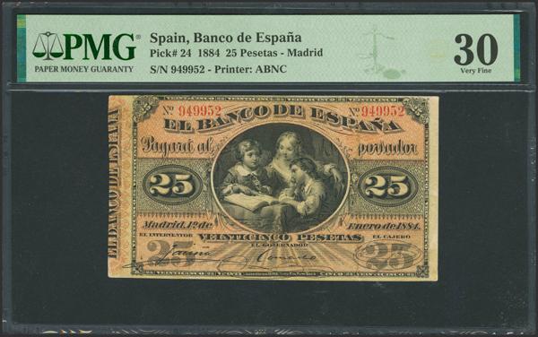 8 - 25 Pesetas. 1 de Enero de 1884. Sin serie. (Edifil 2023: 282, Pick: 24). Raro, reparado. MBC+. Encapsulado PMG30 (repaired). - 600€