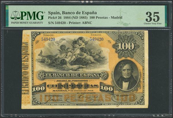 9 - 100 Pesetas. 1 de Enero de 1884. Sin serie. (Edifil 2023: 284, Pick: 26). Raro, reparado. MBC+. Encapsulado PMG35 (repaired). - 1.000€