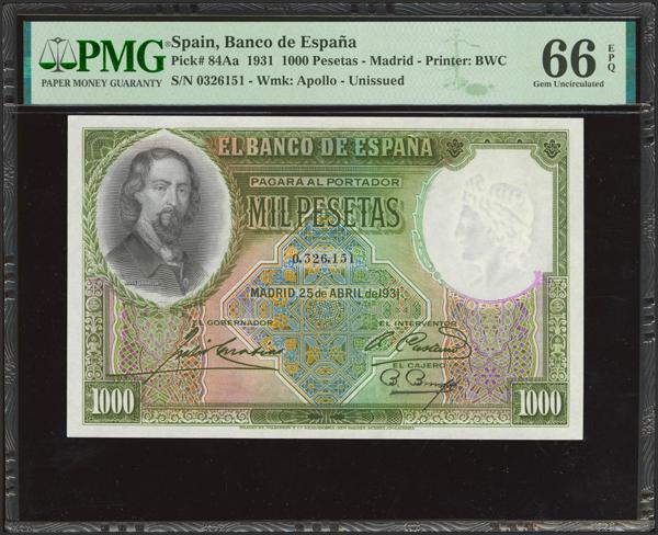 103 - 1000 Pesetas. 25 de Abril de 1931. Sin serie. (Edifil 2021: 362, Pick: 84Aa). Extraordinariamente raro en esta calidad, apresto original. SC. Encapsulado PMG66EPQ. - 1.200€