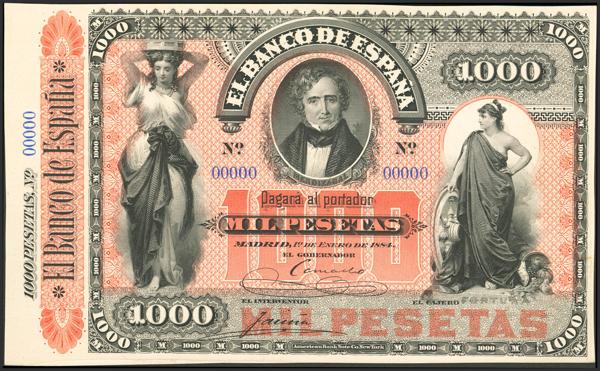 14 - 1000 Pesetas. 1 de Enero de 1884. Pruebas de anverso y reverso, numeración 00000, sin serie. (Edifil 2023: 286M, Pick: 28p1, 28p2). Extraordinariamente rara prueba de uno de los billetes más difíciles del billetario español, pieza de enorme importancia, montada sobre cartulina. SC. - 5.000€