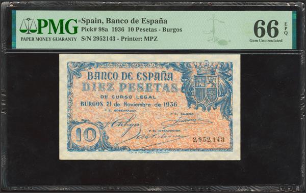 199 - 10 Pesetas. 21 de Noviembre de 1936. Sin serie. (Edifil 2023: 418, Pick: 98a). Extraordinariamente raro, apresto original. SC. Encapsulado PMG66EPQ. (para hacernos idea de la rareza, a fecha 1 de Marzo de 2026, se trata de la mejor calificación en PMG, junto a otros dos billetes)<BR> - 5.000€
