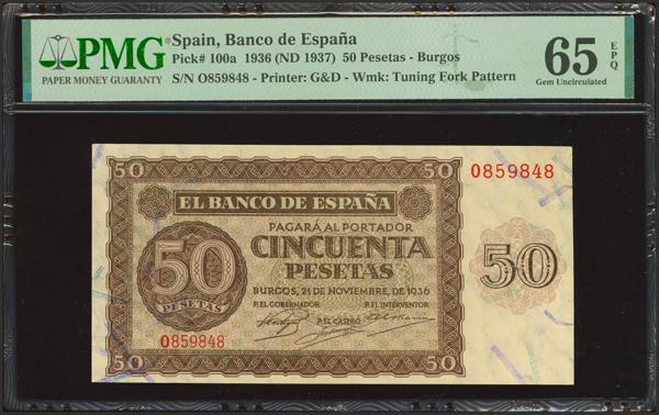 212 - 50 Pesetas. 21 de Noviembre de 1936. Serie O. (Edifil 2023: 420a, Pick: 100a). Muy raro en esta calidad, apresto original. SC. Encapsulado PMG65EPQ. - 300€