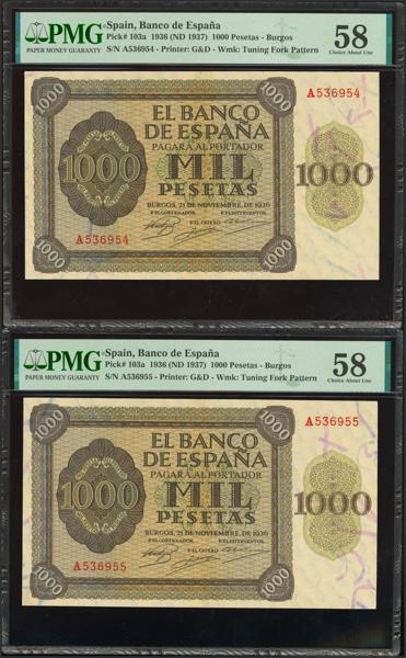 232 - 1000 Pesetas. 21 de Noviembre de 1936. Pareja correlativa. Serie A. (Edifil 2023: 423, Pick: 103a). Extraordinariamente rara pareja. EBC++. Encapsulados PMG58, ambos. - 2.000€