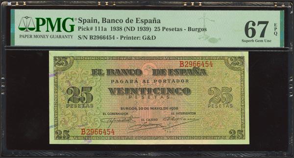 289 - 25 Pesetas. 20 de Mayo de 1938. Serie B. (Edifil 2023: 430a, Pick: 111a). Muy raro en esta excepcional calidad, apresto original. SC. Encapsulado PMG67EPQ. - 275€