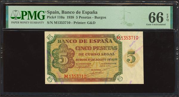 313 - 5 Pesetas. 10 de Agosto de 1938. Serie M, última serie emitida. (Edifil 2023: 435b, Pick: 110a). Rarísima serie, especialmente en esta rara calidad, apresto original. SC. Encapsulado PMG66EPQ. - 500€