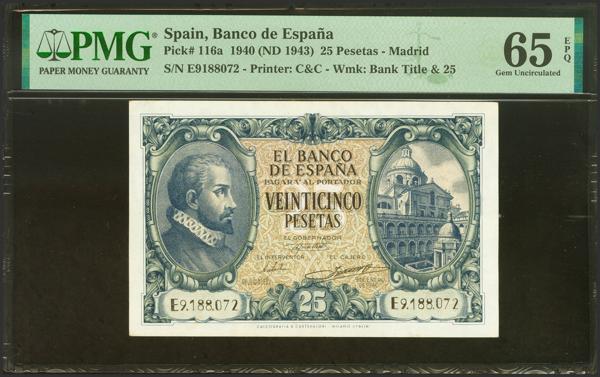 316 - 25 Pesetas. 9 de Enero de 1940. Serie E. (Edifil 2023: 436a, Pick: 116a). Apresto original. SC. Encapsulado PMG65EPQ. - 250€