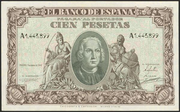 323 - 100 Pesetas. 9 de Enero de 1940. Serie A. (Edifil 2023: 438). Muy raro, apresto original. SC-. - 175€