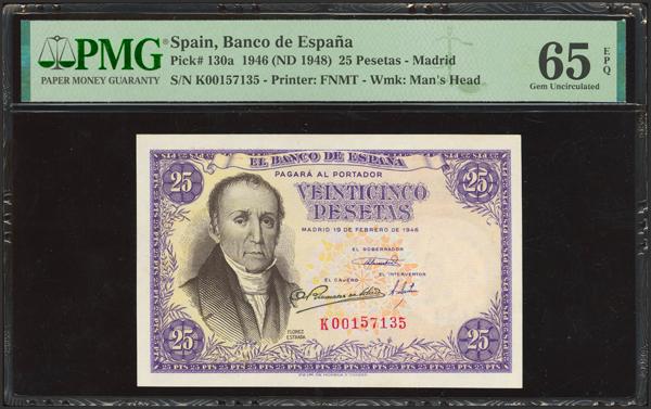 414 - 25 Pesetas. 19 de Febrero de 1946. Serie K, última serie emitida. (Edifil 2023: 450b, Pick: 130a). Extraordinariamente rara serie, especialmente en esta excepcional calidad, apresto original. SC. Encapsulado PMG65EPQ. - 1.000€