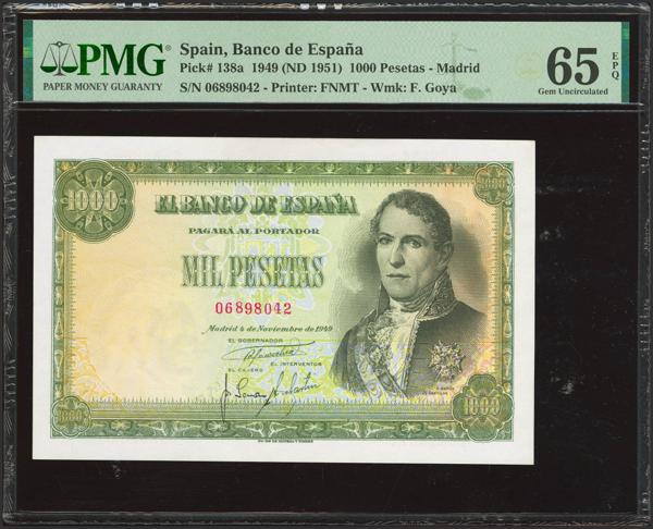 477 - 1000 Pesetas. 4 de Noviembre de 1949. Sin serie. (Edifil 2023: 458, Pick: 138a). Apresto original. SC. Encapsulado PMG65EPQ. - 1.500€