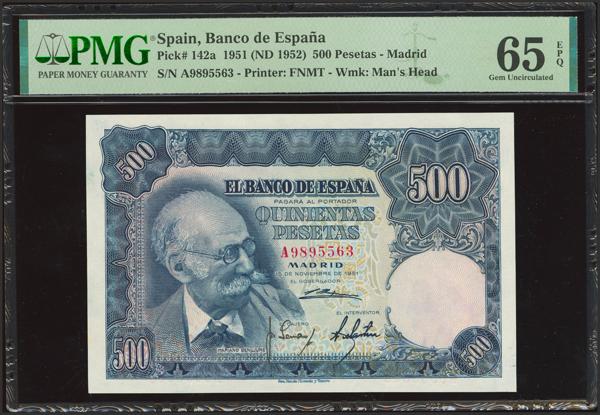 497 - 500 Pesetas. 15 de Noviembre de 1951. Serie A. (Edifil 2023: 460a, Pick: 142a). Inusual en esta calidad, conserva todo su apresto original. SC. Encapsulado PMG65EPQ. - 275€