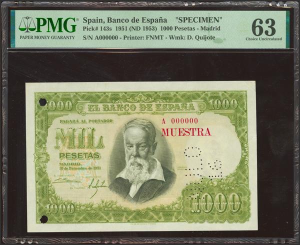 515 - 1000 Pesetas. 31 de Diciembre de 1951. Serie A, numeración 000000 y MUESTRA, en rojo y perforación "NULO 16". (Edifil 2021: 463M, Pick: 143s). Muy raro. SC. Encapsulado PMG63. - 500€